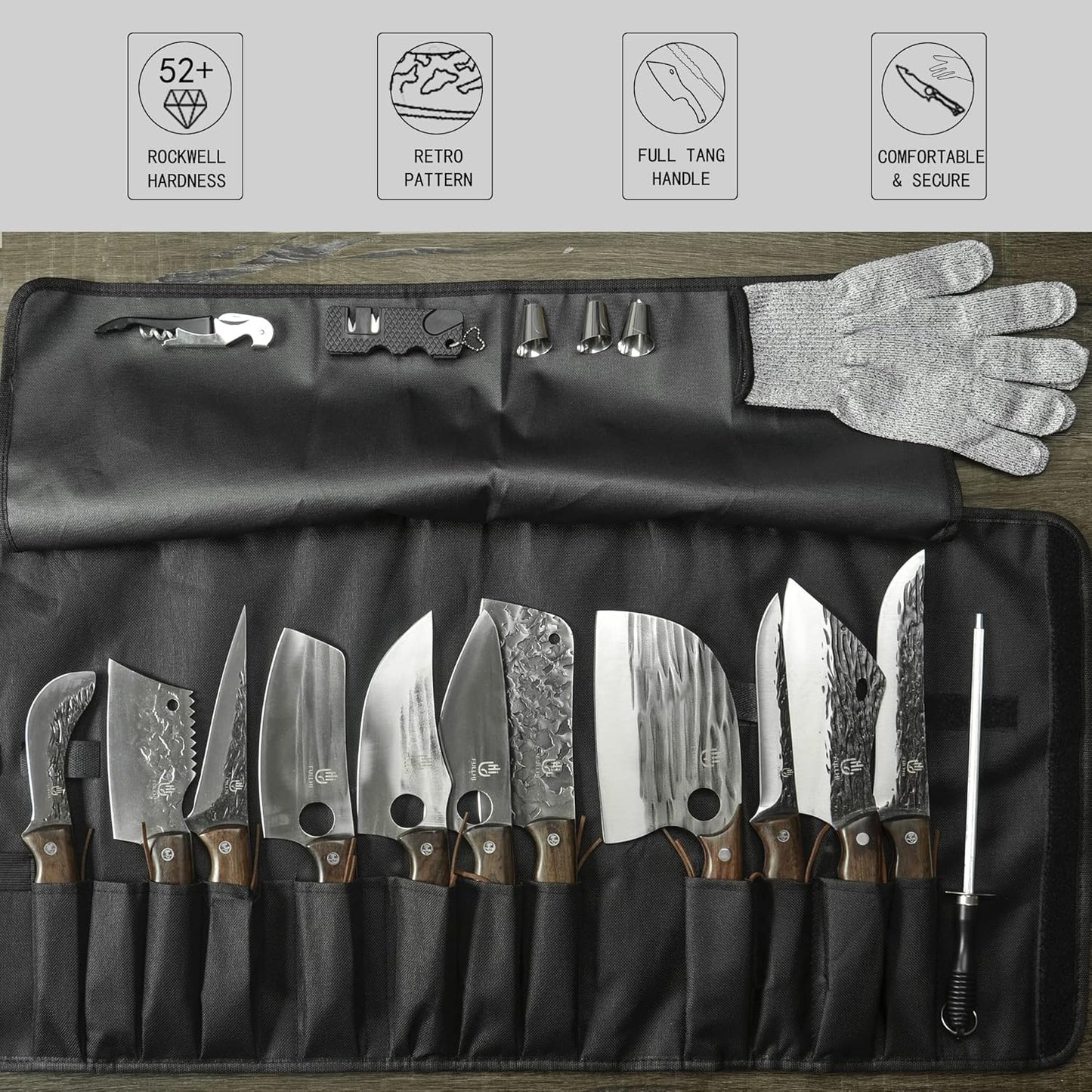FULLHI Lot de 17 couteaux Metzger Chef comprenant fourreau en acier au carbone et couteau de cuisine complet Tang légume Cleaver Home BBQ Camping avec sac à couteaux