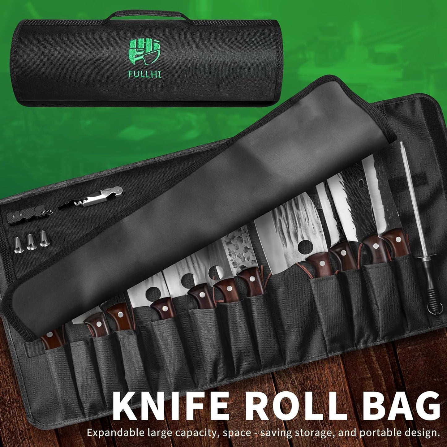 FULLHI Lot de 17 couteaux Metzger Chef comprenant fourreau en acier au carbone et couteau de cuisine complet Tang légume Cleaver Home BBQ Camping avec sac à couteaux