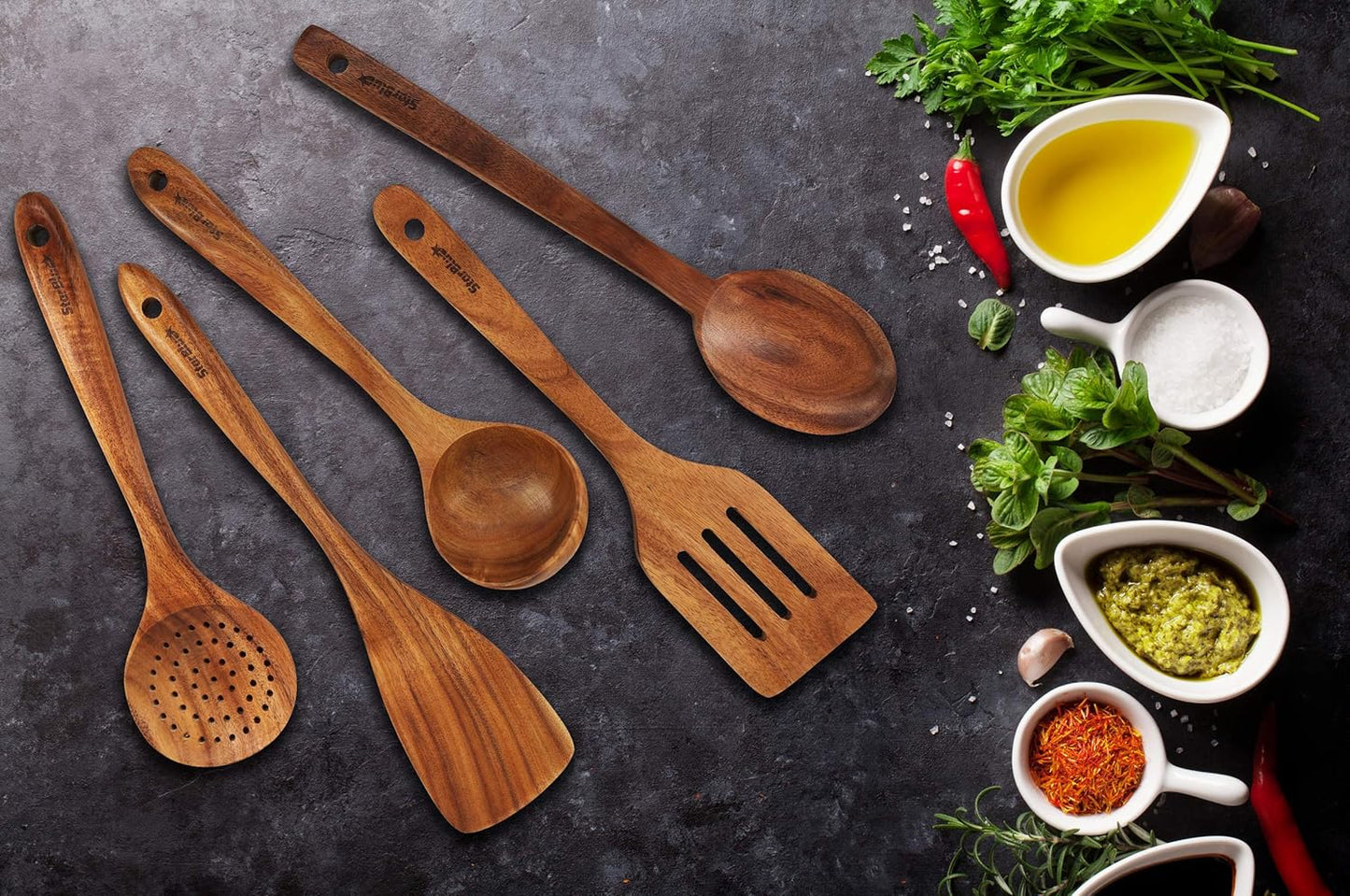 StarBlue Lot de 6 ustensiles de cuisine en bois d'acacia – Spatules anti-rayures et durables pour ustensiles de cuisine antiadhésifs – Spatule en bois écologique et ergonomique et support de poêle