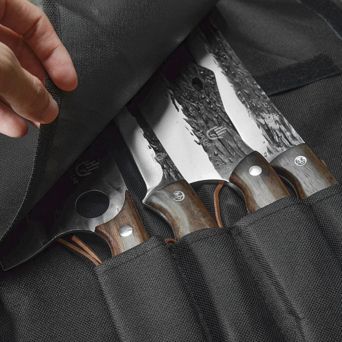 FULLHI Lot de 17 couteaux Metzger Chef comprenant fourreau en acier au carbone et couteau de cuisine complet Tang légume Cleaver Home BBQ Camping avec sac à couteaux