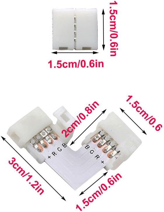 CESFONJER Lot de 20 connecteurs pour bande lumineuse en forme de L à 4 broches, connecteur sans espace pour bande LED à 4 broches pour bande LED SMD 5050 multicolore non étanche de 10 mm