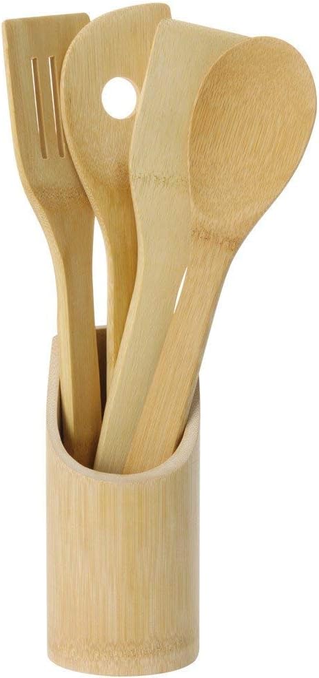 Excellent Houseware Cuillère en Bois/Couverts Set d'ustensiles de Cuisine en Bambou 5 pièces avec Trou Cuillère spatule Palette Spatule et Ronde Panier