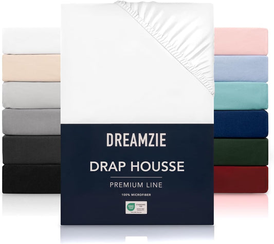 Dreamzie Drap Housse 140x190/200 cm pour Matelas Épais jusqu'à 33 cm - 100% Polyester Microfibre - Blanc Certifié sans Produits Chimiques (Oeko TEX), Drap Housse avec Élastique Complet