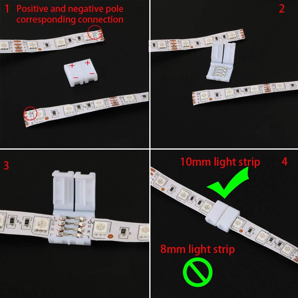 CESFONJER Lot de 20 connecteurs pour bande lumineuse en forme de L à 4 broches, connecteur sans espace pour bande LED à 4 broches pour bande LED SMD 5050 multicolore non étanche de 10 mm