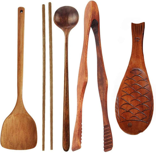 Gkhowiu Ustensiles de Cuisine en Bois Ensemble D'Ustensiles de Cuisine avec Spatule Wok Pinces Alimentaires CuillèRe de Cuisson Baguettes de Riz Palette
