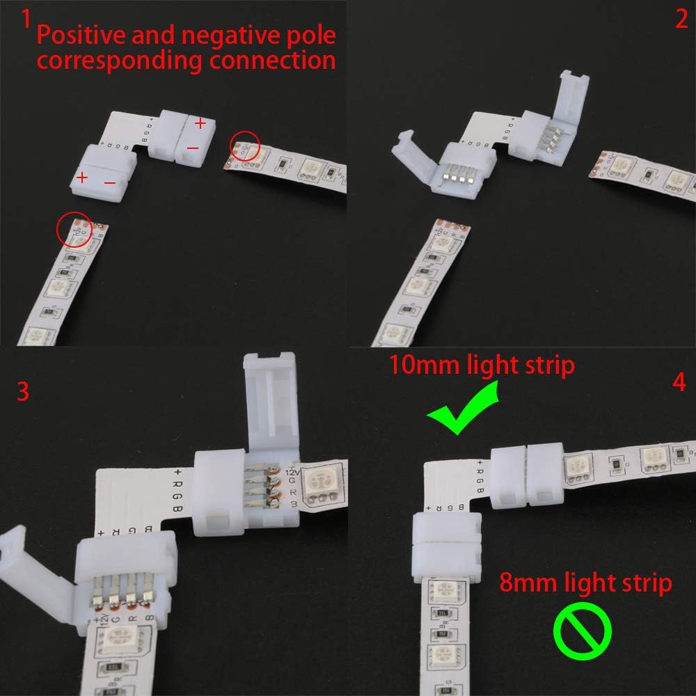 CESFONJER Lot de 20 connecteurs pour bande lumineuse en forme de L à 4 broches, connecteur sans espace pour bande LED à 4 broches pour bande LED SMD 5050 multicolore non étanche de 10 mm