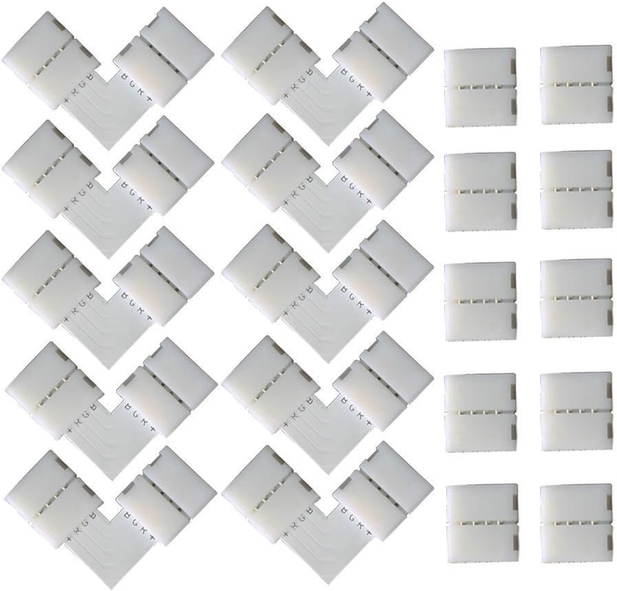 CESFONJER Lot de 20 connecteurs pour bande lumineuse en forme de L à 4 broches, connecteur sans espace pour bande LED à 4 broches pour bande LED SMD 5050 multicolore non étanche de 10 mm