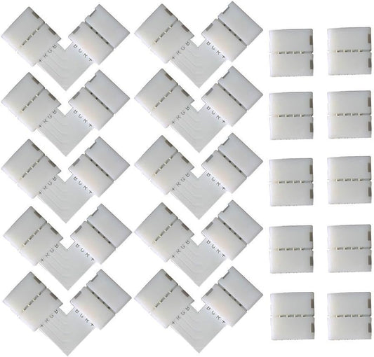 CESFONJER Lot de 20 connecteurs pour bande lumineuse en forme de L à 4 broches, connecteur sans espace pour bande LED à 4 broches pour bande LED SMD 5050 multicolore non étanche de 10 mm
