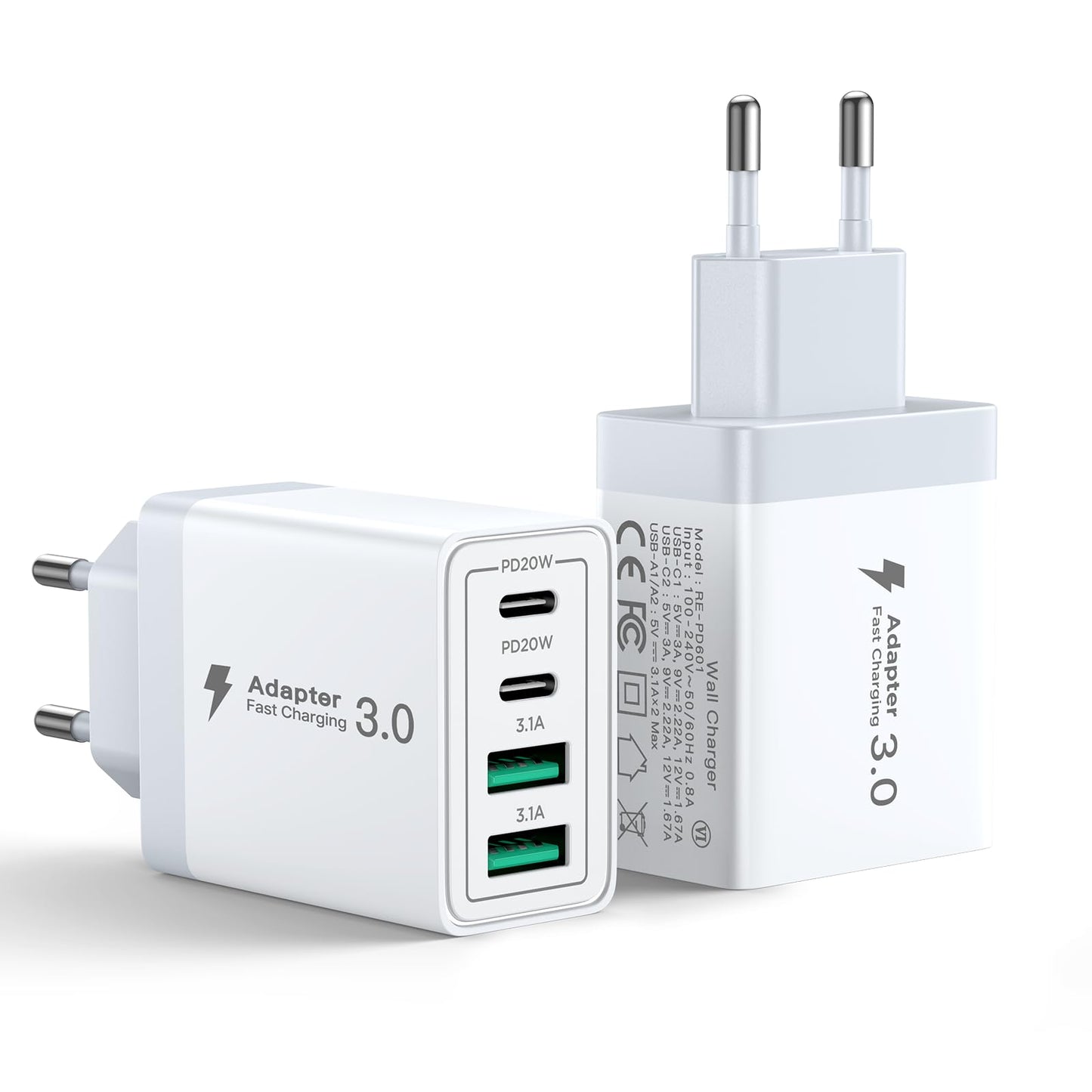 Aioneus Chargeur USB C, 40W 4 Port Prise USBC Chargeur Rapide iPhone, Multi Secteur PD+QC 3.1A Type C Adaptateur pour iPhone 16 15 14 13 12 11 Pro Max X XS XR 8 7 6S Plus Mini SE, iPad,Samsung Galaxy