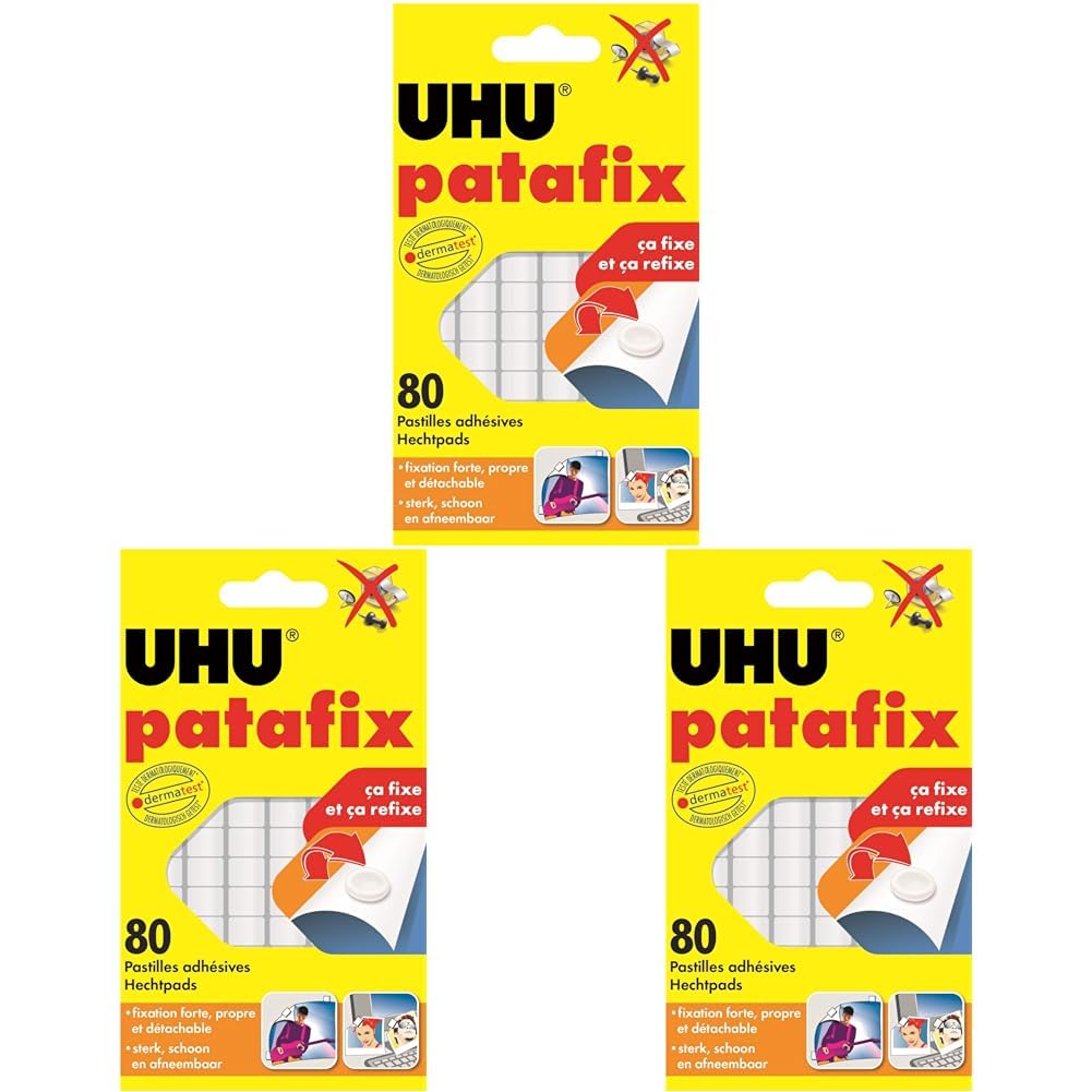UHU Patafix Déco - pastilles adhésives prédécoupées, pâte à fixer, super-fortes (Jusqu'à 2 kg), repositionnables, blanche, 32 pastilles