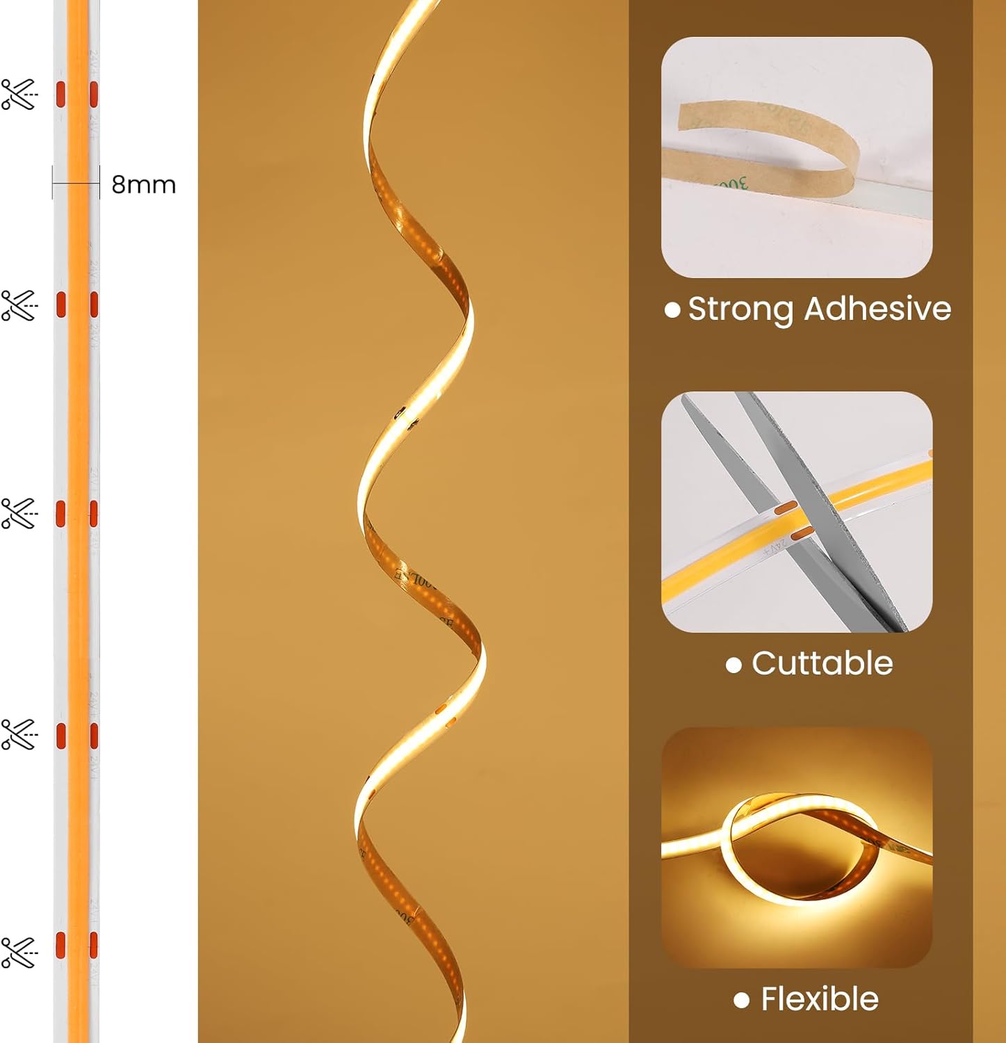 ACELUMO Ruban LED COB 5m, Ruban LED Blanc Chaud avec Smart App et Telecommande, Fonction Minuterie, Couleur Dynamique, Mode Musique pour Mural, TV, Cuisine Salon, 3000K