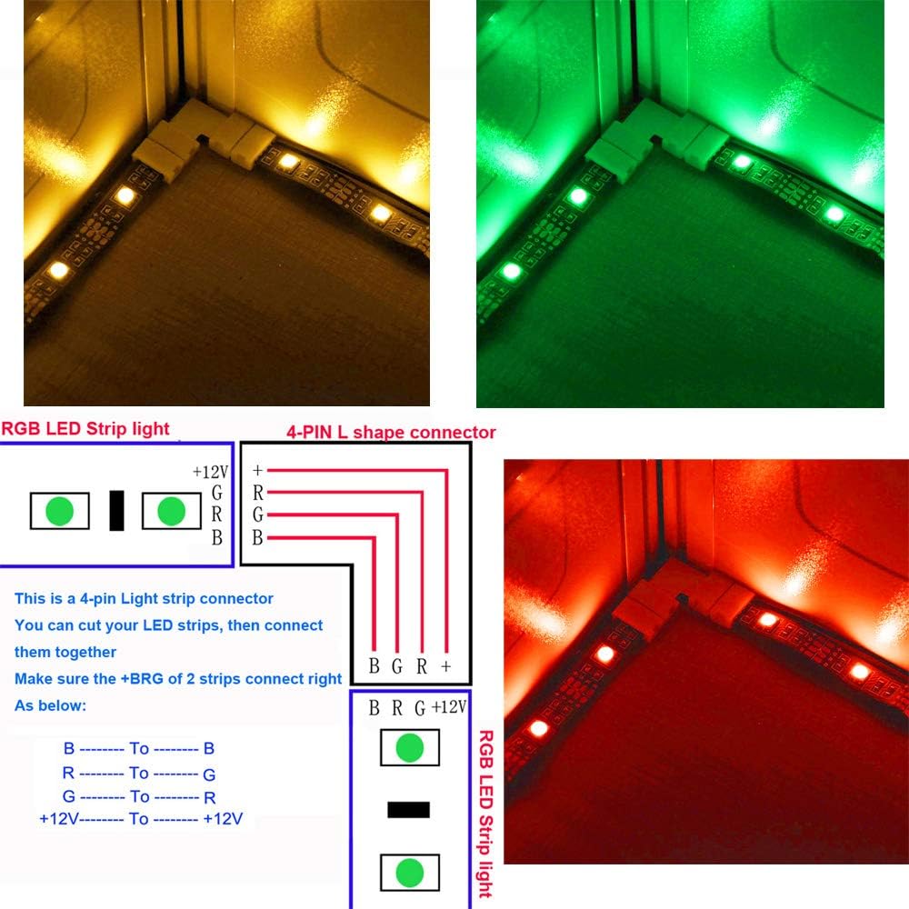 CESFONJER Lot de 20 connecteurs pour bande lumineuse en forme de L à 4 broches, connecteur sans espace pour bande LED à 4 broches pour bande LED SMD 5050 multicolore non étanche de 10 mm