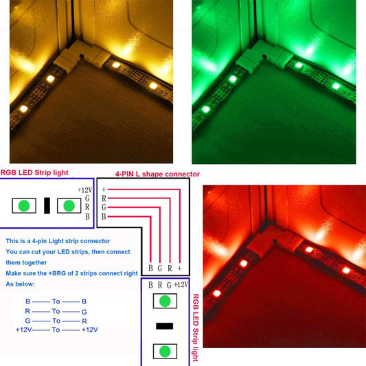 CESFONJER Lot de 20 connecteurs pour bande lumineuse en forme de L à 4 broches, connecteur sans espace pour bande LED à 4 broches pour bande LED SMD 5050 multicolore non étanche de 10 mm