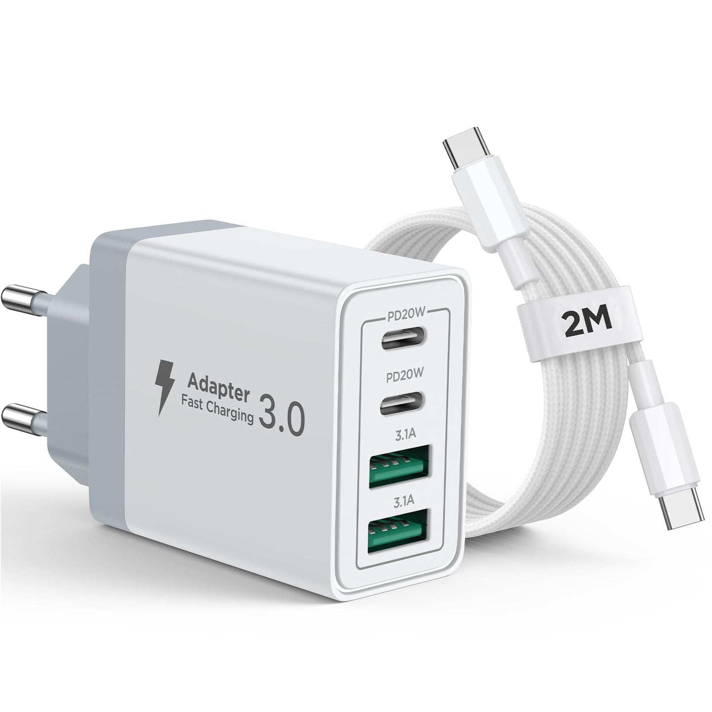 Aioneus Chargeur USB C, 40W 4 Port Prise USBC Chargeur Rapide iPhone, Multi Secteur PD+QC 3.1A Type C Adaptateur pour iPhone 16 15 14 13 12 11 Pro Max X XS XR 8 7 6S Plus Mini SE, iPad,Samsung Galaxy