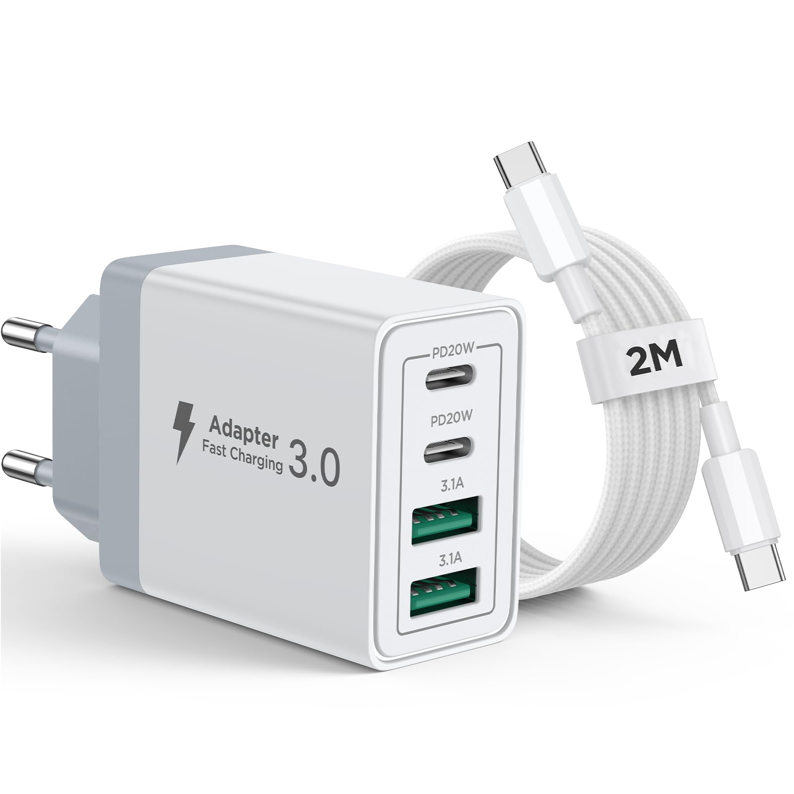 Aioneus Chargeur USB C, 40W 4 Port Prise USBC Chargeur Rapide iPhone, Multi Secteur PD+QC 3.1A Type C Adaptateur pour iPhone 16 15 14 13 12 11 Pro Max X XS XR 8 7 6S Plus Mini SE, iPad,Samsung Galaxy