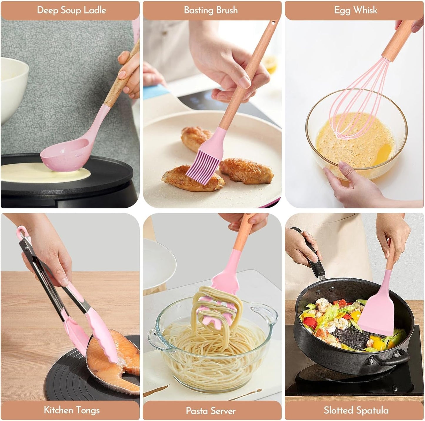 Howephofly Ustensiles de Cuisine Silicone et Bois, 23 Pièces Outil de Cuisine Antiadhésif Anti-Rayures, Ustensiles Cuisine Antiadhésive Set, sans BPA, avec Pot de Rangement (Rose)