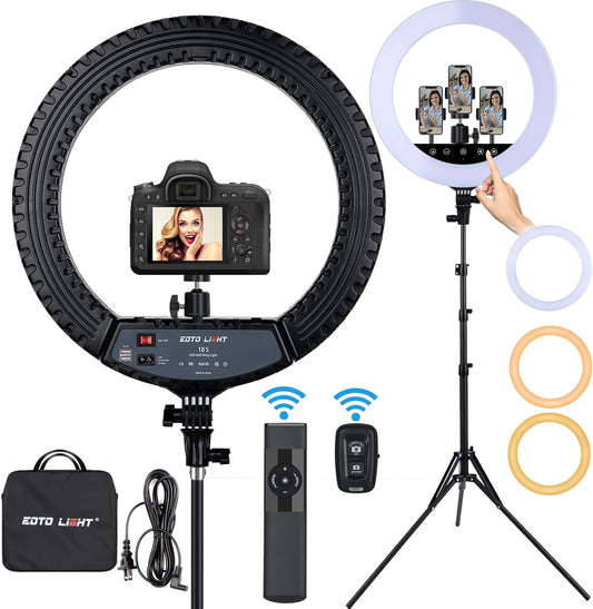 Anneau lumineux LED amélioré de 45.7 cm avec trépied, Anneau Lumineux pour Selfie avec écran Tactile pour Maquillage Studio Portrait Youtube Vlog vidéo avec télécommande, CRI> 90