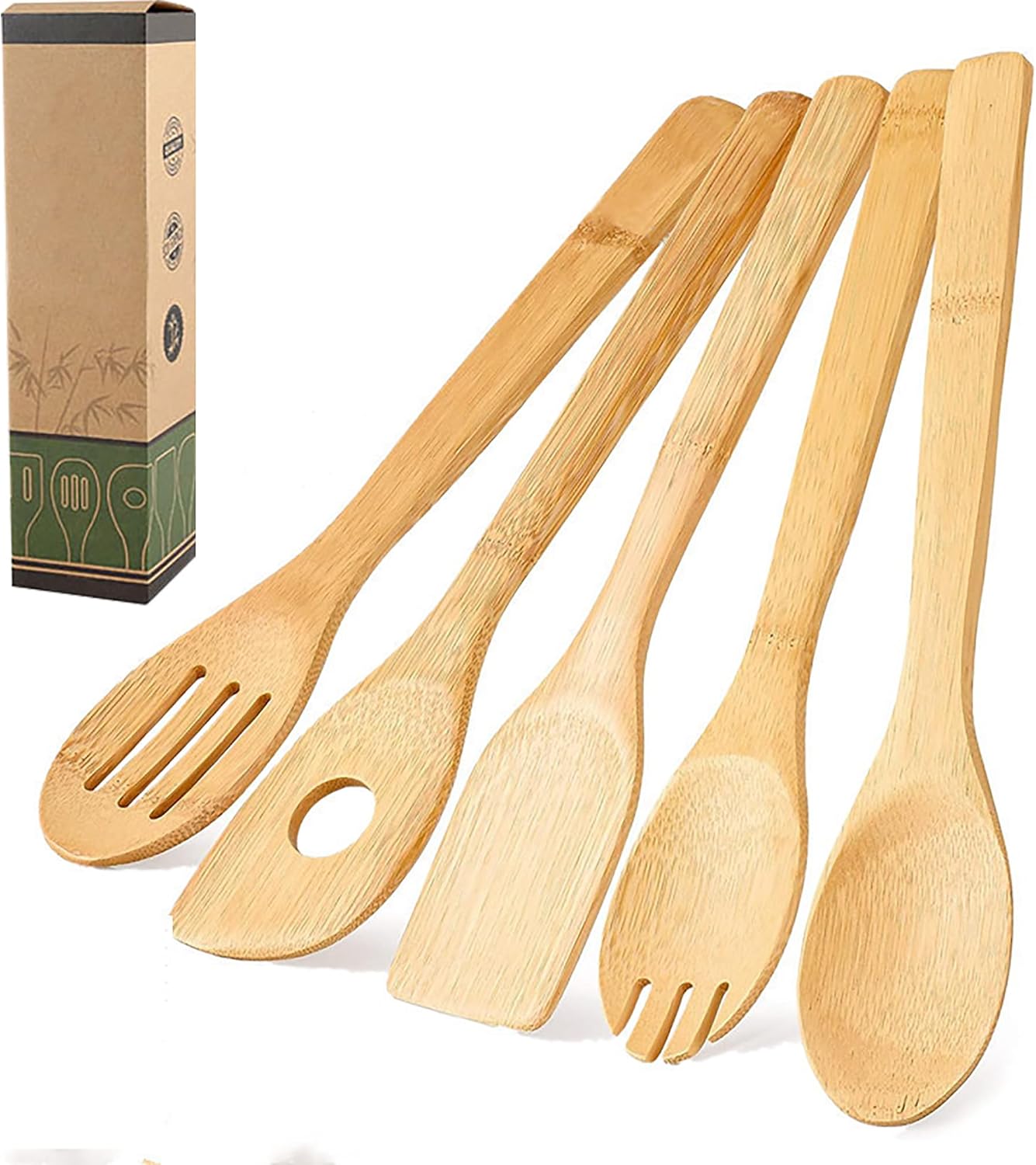 Lot de 8 Ustensiles de Cuisine en Bambou, Cuillères et Spatules en Bois, Anti-adhésifs et Wok, Spatule Pelle, Ensemble D'ustensiles de Cuisine Résistant à la Chaleur Outils Cuillère Spatule