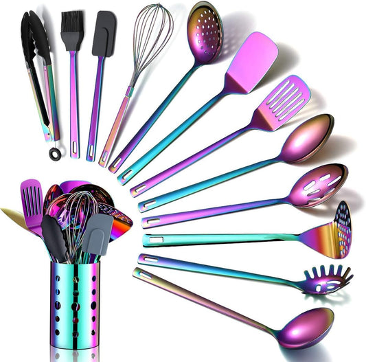 Ensemble D'ustensiles de Cuisine Arc-En-Ciel, Ensemble D'ustensiles de Cuisine en Acier Inoxydable de 13 Pièces Avec Placage Arc-En-Ciel en Titane, Ensemble D'outils de Cuisine Avec Porte-Ustensiles