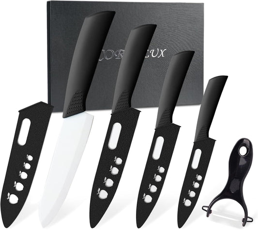 CORESLUX Couteau Ceramique Cuisine, Couteaux en céramique Couteaux de Cuisine (6" Couteau Chef, 5" Couteau Utilitaire, 4" Couteau à Fruits, 3" Couteau à éplucher, Éplucheur pour Fruit et Légume)