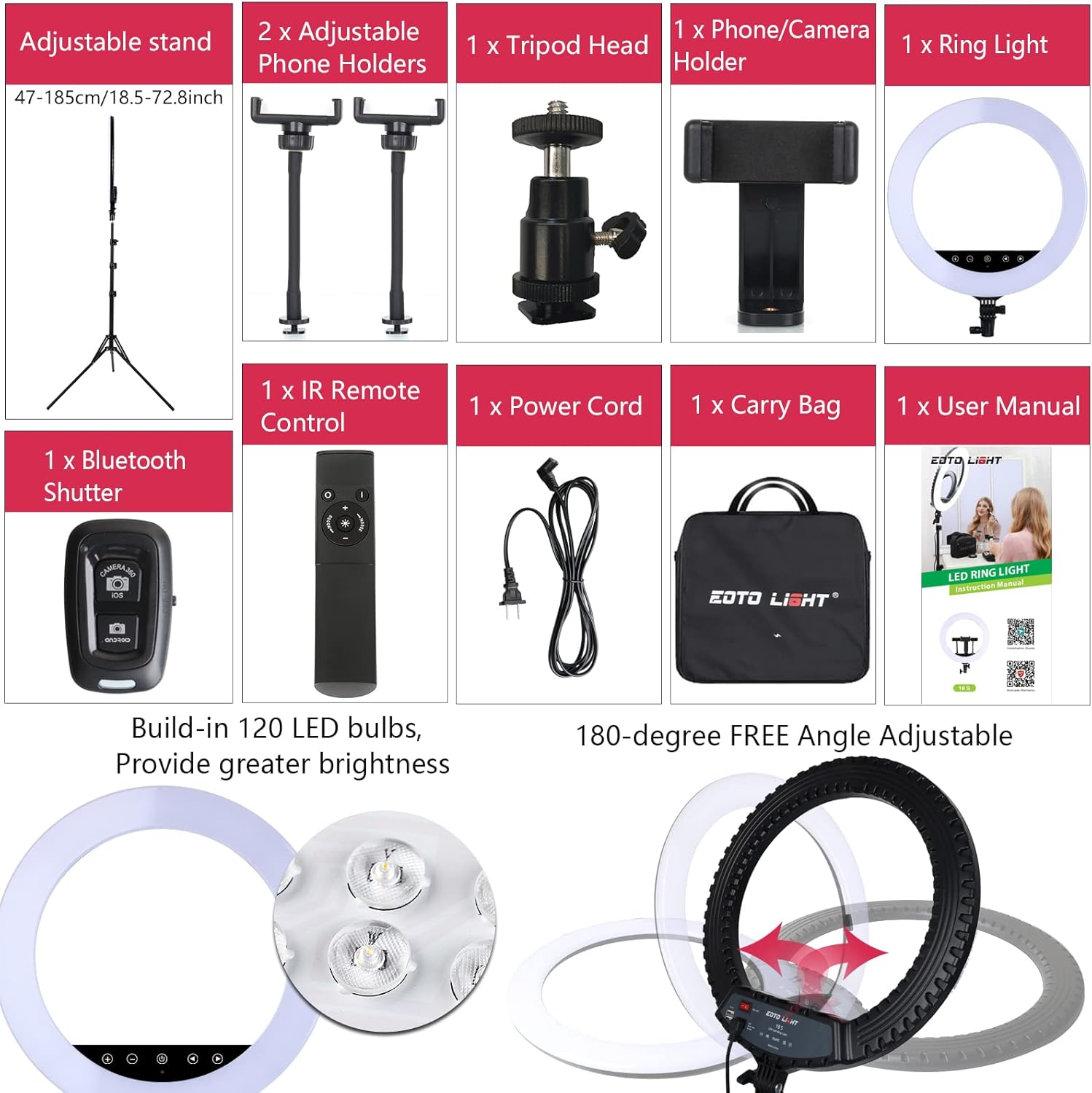Anneau lumineux LED amélioré de 45.7 cm avec trépied, Anneau Lumineux pour Selfie avec écran Tactile pour Maquillage Studio Portrait Youtube Vlog vidéo avec télécommande, CRI> 90