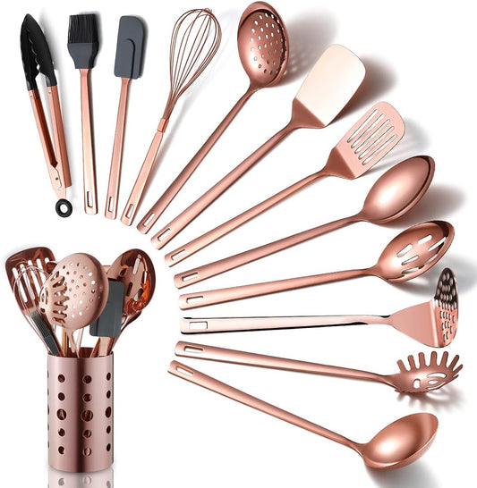 Ensemble D'ustensiles de Cuisine en Cuivre, Ensemble D'ustensiles de Cuisine en Acier Inoxydable de 13 Pièces Avec Placage En or Rose en Titane, Ensemble D'outils de Cuisine Avec Porte-Ustensiles