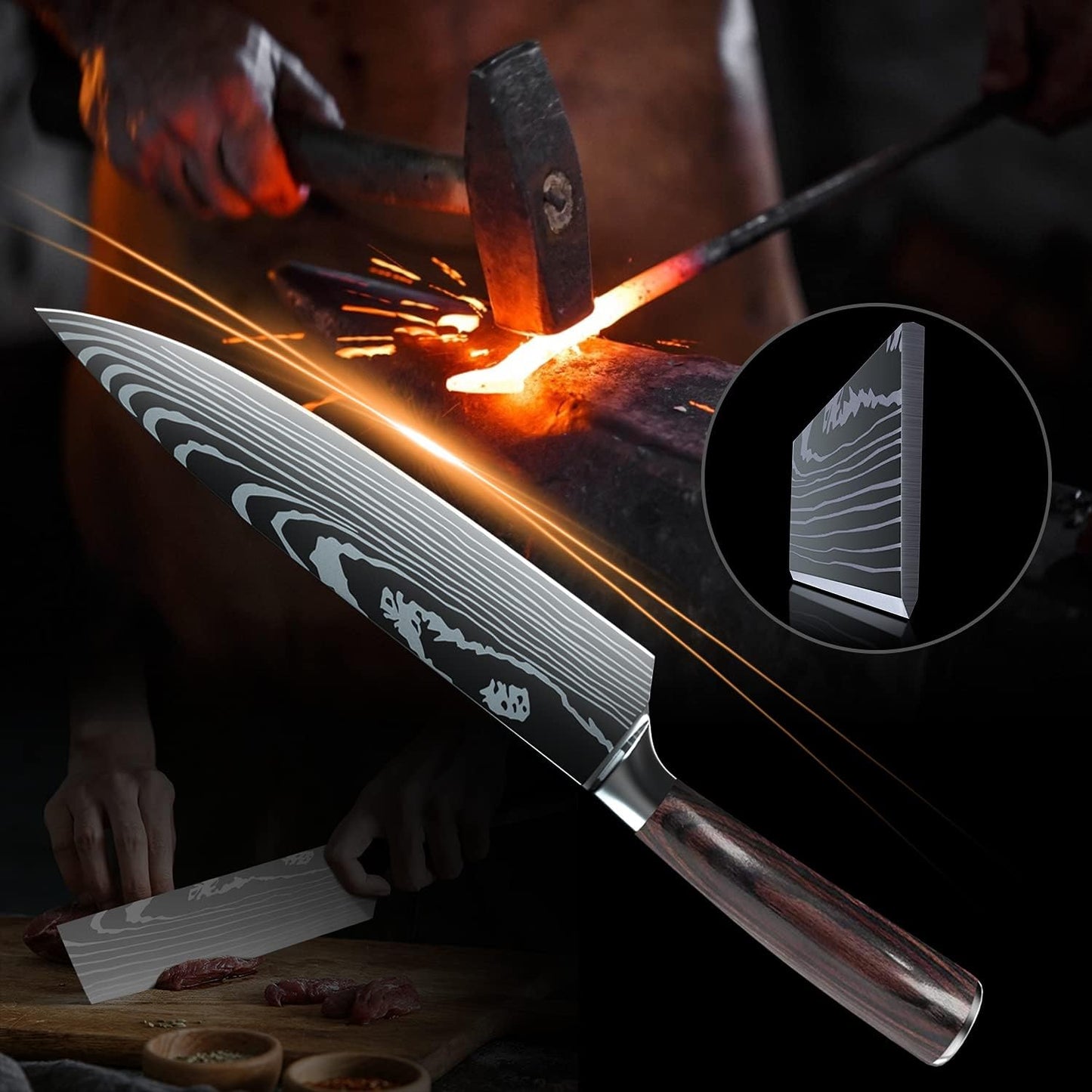 ZENG Couteau de Chef Couteau à Fileter Couteau Universel Couteau de Cuisine Tranchant en Acier Inoxydable Allemand Poignées Ergonomiques en Pakkawood pour la Maison et le Restaurant (8pcs)
