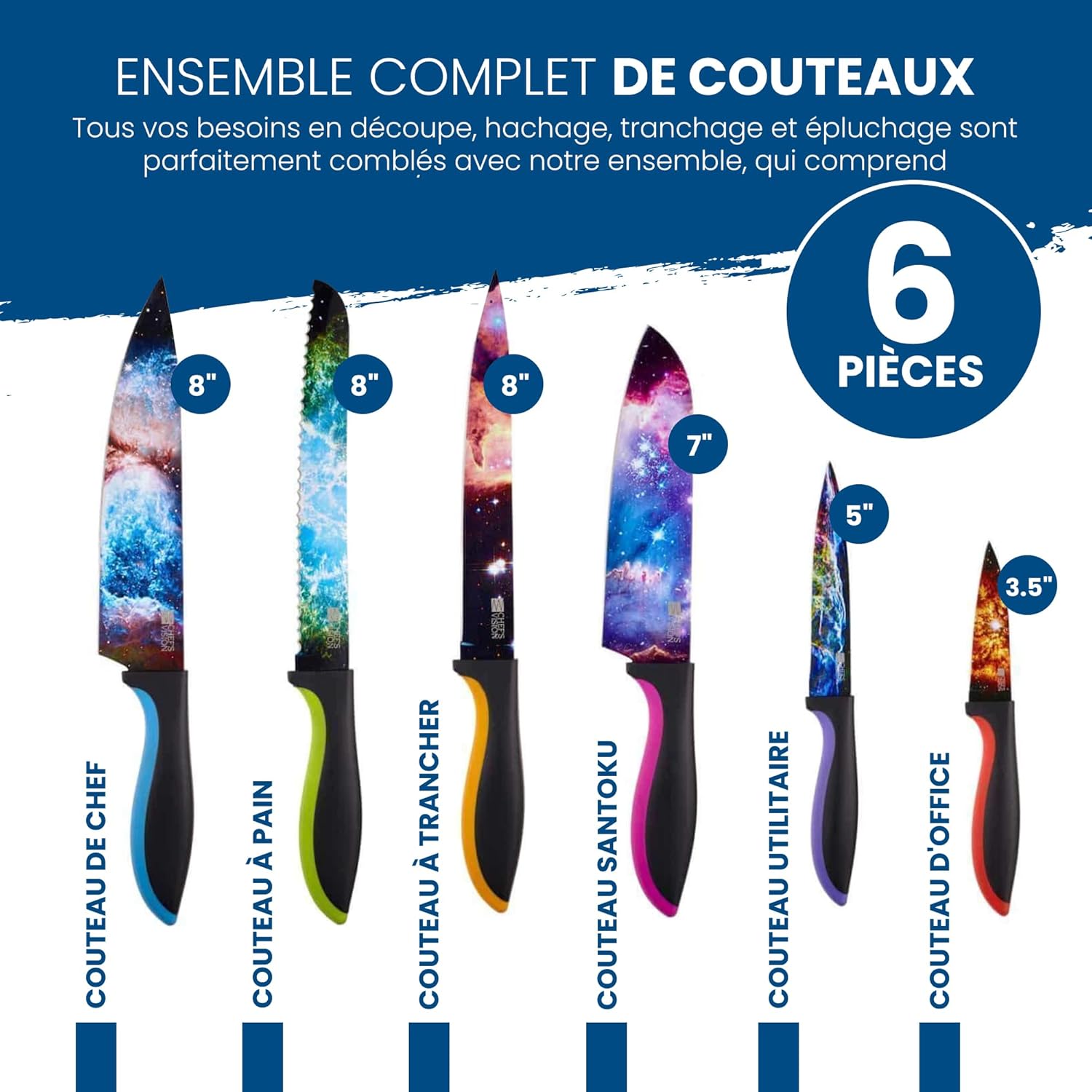 Ensemble de Couteaux Chef’s Vision Cosmos - Ensemble de Couteaux de Cuisine en Acier Inoxydable de 6 Pièces - Scènes Cosmiques Superbes - Cadeau Parfait pour Pendaison de Crémaillère, Femme ou Homme