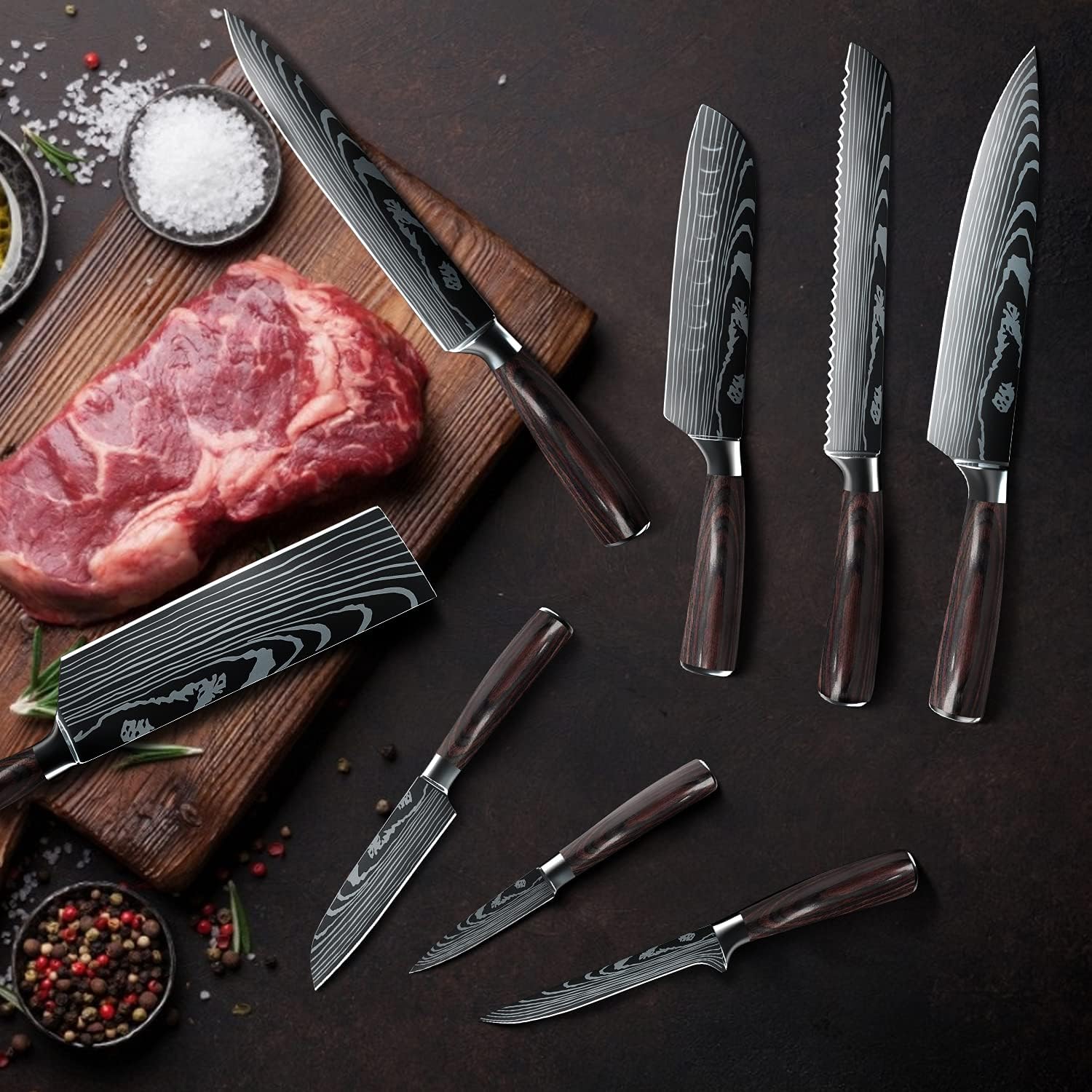 ZENG Couteau de Chef Couteau à Fileter Couteau Universel Couteau de Cuisine Tranchant en Acier Inoxydable Allemand Poignées Ergonomiques en Pakkawood pour la Maison et le Restaurant (8pcs)