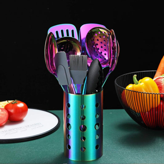 Ensemble D'ustensiles de Cuisine Arc-En-Ciel, Ensemble D'ustensiles de Cuisine en Acier Inoxydable de 13 Pièces Avec Placage Arc-En-Ciel en Titane, Ensemble D'outils de Cuisine Avec Porte-Ustensiles