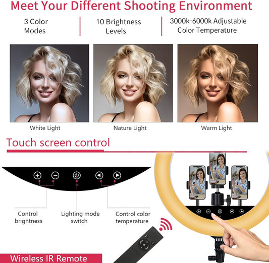 Anneau lumineux LED amélioré de 45.7 cm avec trépied, Anneau Lumineux pour Selfie avec écran Tactile pour Maquillage Studio Portrait Youtube Vlog vidéo avec télécommande, CRI> 90