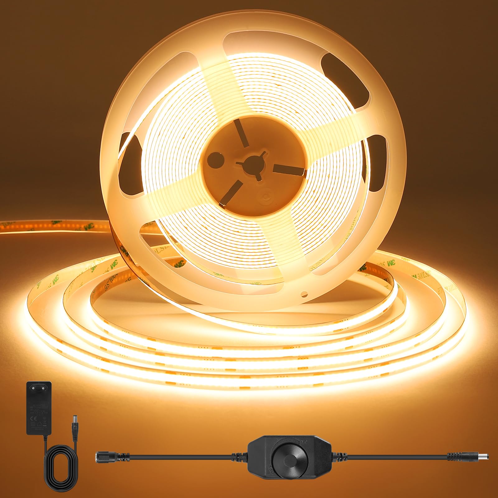 ACELUMO Ruban LED COB 5m, Ruban LED Blanc Chaud avec Smart App et Telecommande, Fonction Minuterie, Couleur Dynamique, Mode Musique pour Mural, TV, Cuisine Salon, 3000K