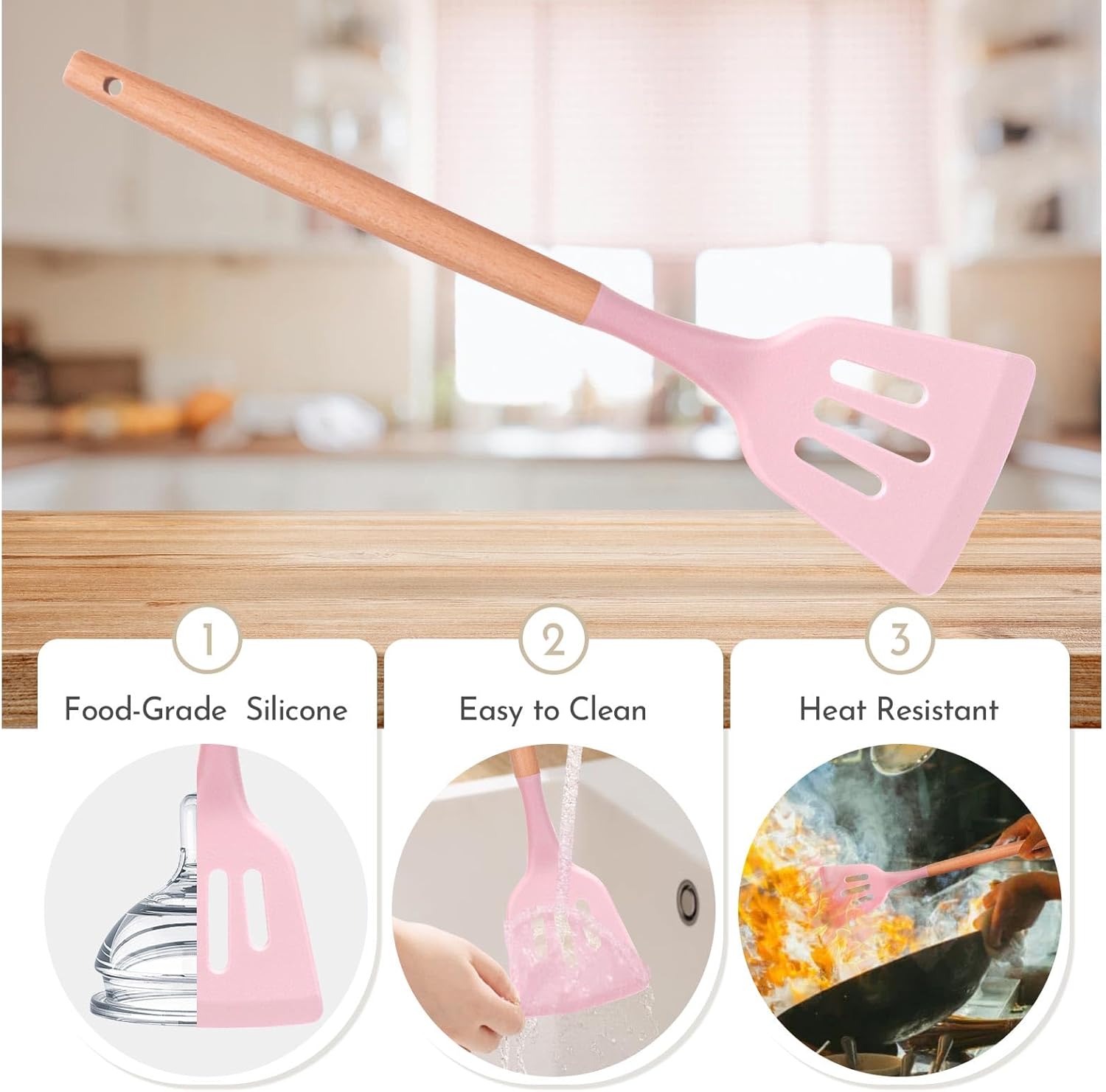 Howephofly Ustensiles de Cuisine Silicone et Bois, 23 Pièces Outil de Cuisine Antiadhésif Anti-Rayures, Ustensiles Cuisine Antiadhésive Set, sans BPA, avec Pot de Rangement (Rose)