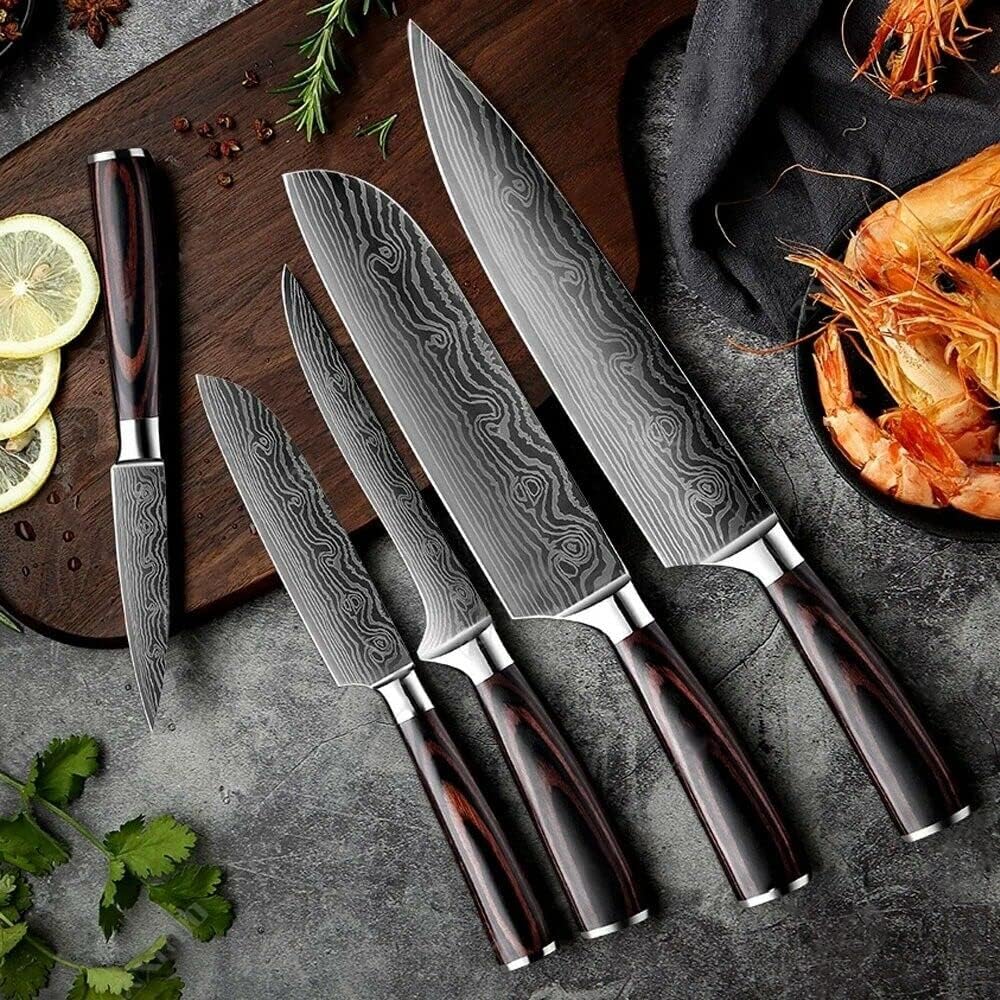 ZENG Couteau de Chef Couteau à Fileter Couteau Universel Couteau de Cuisine Tranchant en Acier Inoxydable Allemand Poignées Ergonomiques en Pakkawood pour la Maison et le Restaurant (5pcs)