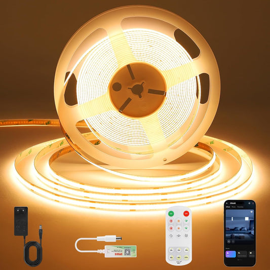 ACELUMO Ruban LED COB 5m, Ruban LED Blanc Chaud avec Smart App et Telecommande, Fonction Minuterie, Couleur Dynamique, Mode Musique pour Mural, TV, Cuisine Salon, 3000K