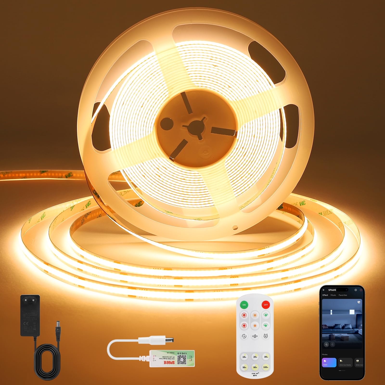 ACELUMO Ruban LED COB 5m, Ruban LED Blanc Chaud avec Smart App et Telecommande, Fonction Minuterie, Couleur Dynamique, Mode Musique pour Mural, TV, Cuisine Salon, 3000K