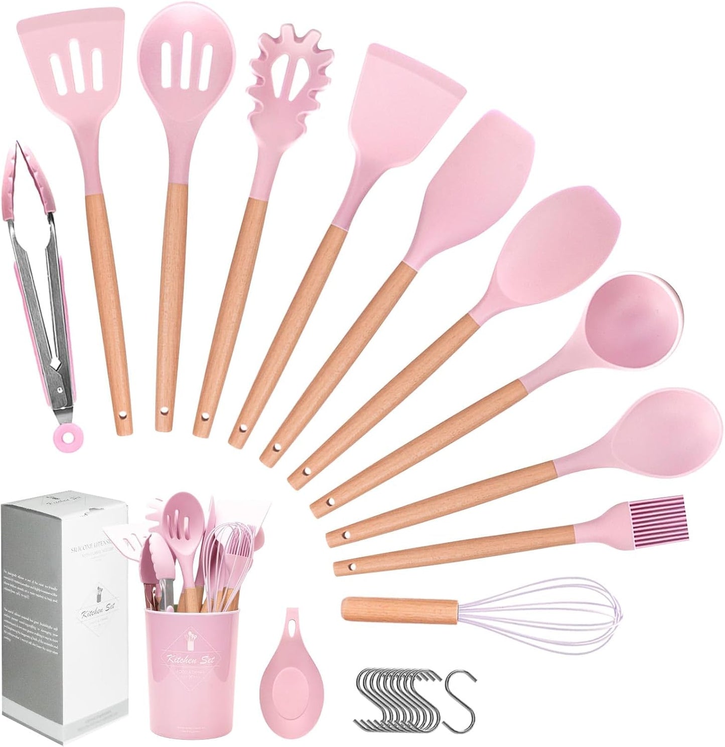 Howephofly Ustensiles de Cuisine Silicone et Bois, 23 Pièces Outil de Cuisine Antiadhésif Anti-Rayures, Ustensiles Cuisine Antiadhésive Set, sans BPA, avec Pot de Rangement (Rose)