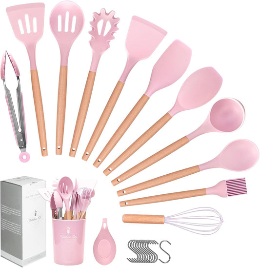 Howephofly Ustensiles de Cuisine Silicone et Bois, 23 Pièces Outil de Cuisine Antiadhésif Anti-Rayures, Ustensiles Cuisine Antiadhésive Set, sans BPA, avec Pot de Rangement (Rose)