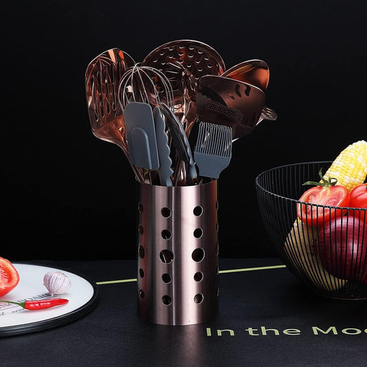 Ensemble D'ustensiles de Cuisine en Cuivre, Ensemble D'ustensiles de Cuisine en Acier Inoxydable de 13 Pièces Avec Placage En or Rose en Titane, Ensemble D'outils de Cuisine Avec Porte-Ustensiles