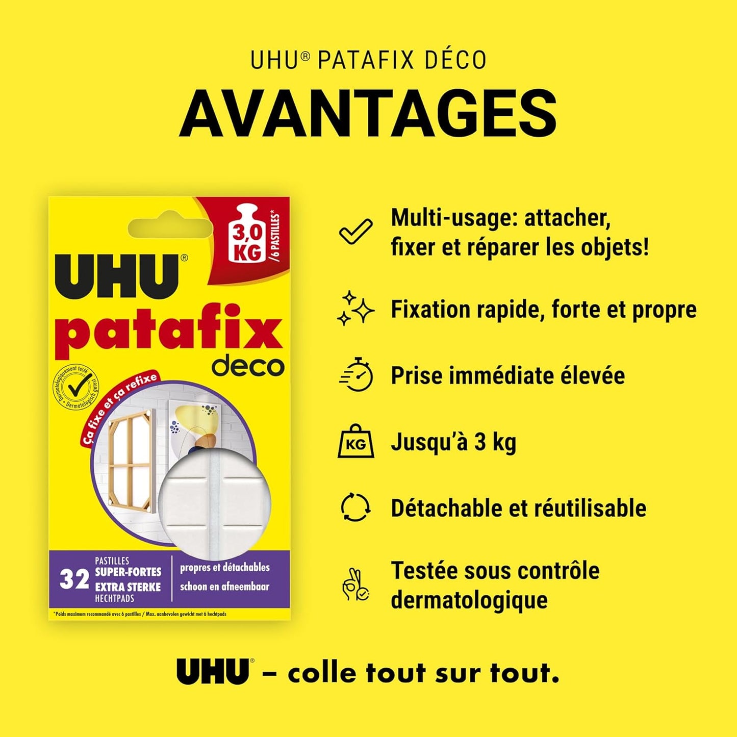 UHU Patafix Déco - pastilles adhésives prédécoupées, pâte à fixer, super-fortes (Jusqu'à 2 kg), repositionnables, blanche, 32 pastilles