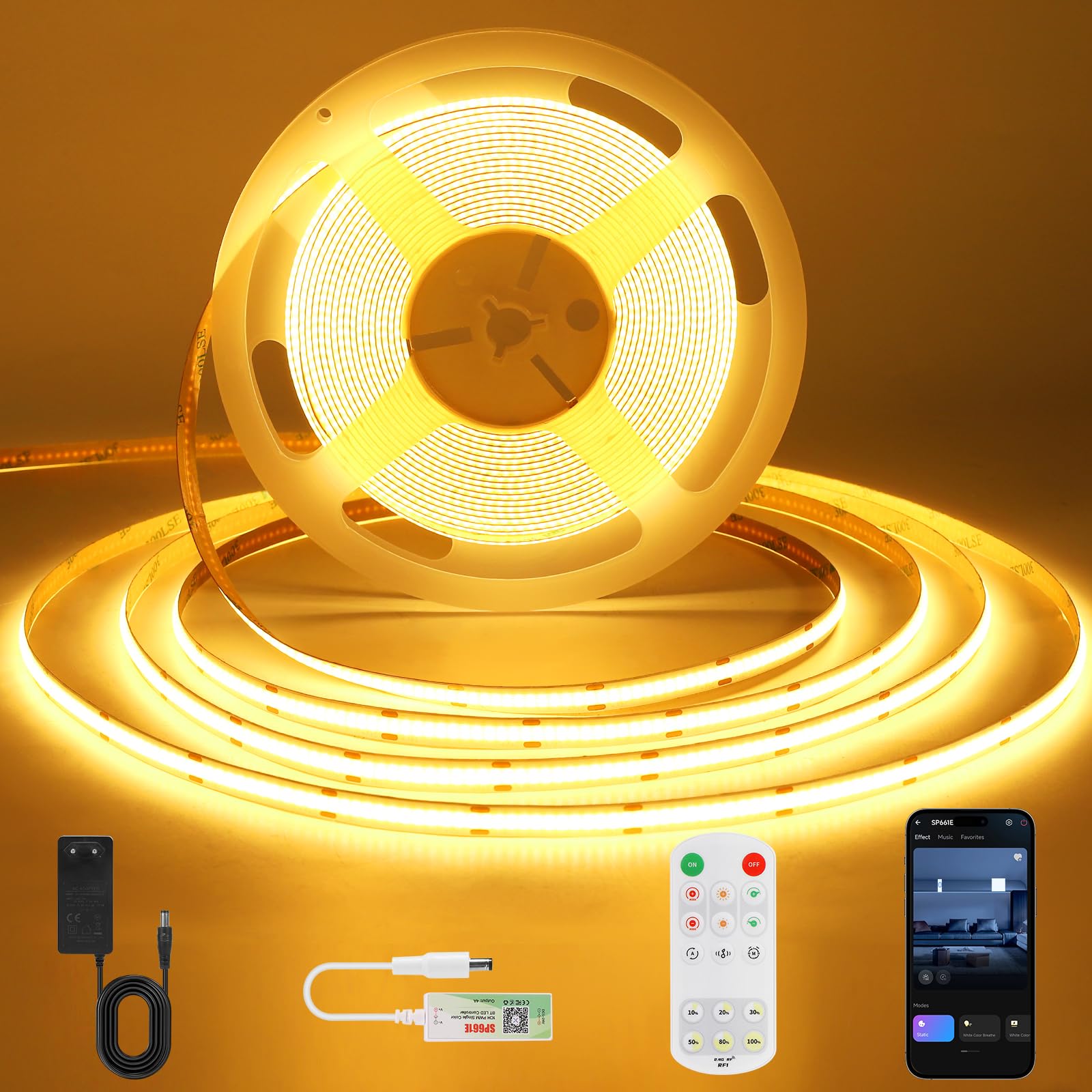 ACELUMO Ruban LED COB 5m, Ruban LED Blanc Chaud avec Smart App et Telecommande, Fonction Minuterie, Couleur Dynamique, Mode Musique pour Mural, TV, Cuisine Salon, 3000K