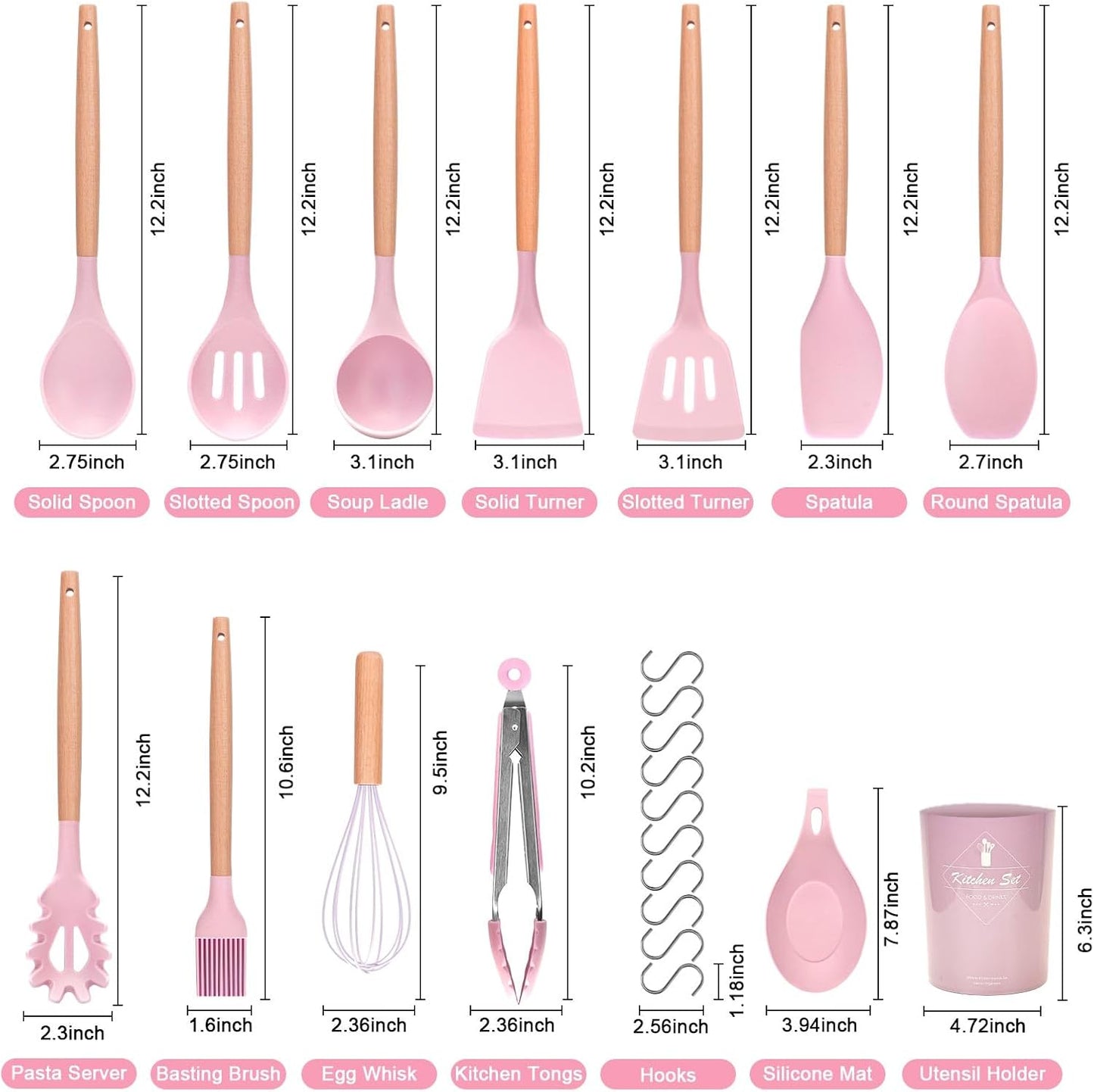 Howephofly Ustensiles de Cuisine Silicone et Bois, 23 Pièces Outil de Cuisine Antiadhésif Anti-Rayures, Ustensiles Cuisine Antiadhésive Set, sans BPA, avec Pot de Rangement (Rose)