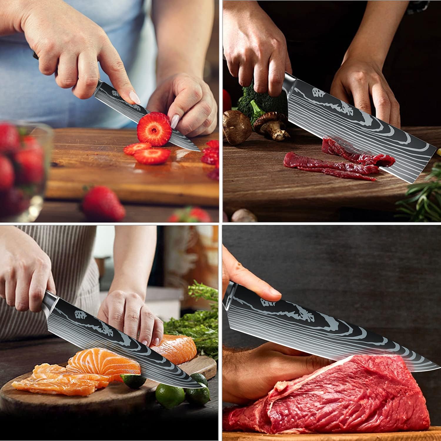 ZENG Couteau de Chef Couteau à Fileter Couteau Universel Couteau de Cuisine Tranchant en Acier Inoxydable Allemand Poignées Ergonomiques en Pakkawood pour la Maison et le Restaurant (8pcs)