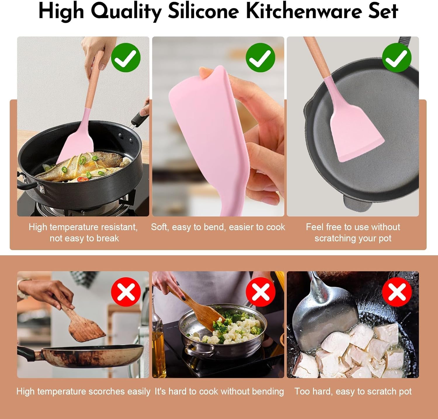 Howephofly Ustensiles de Cuisine Silicone et Bois, 23 Pièces Outil de Cuisine Antiadhésif Anti-Rayures, Ustensiles Cuisine Antiadhésive Set, sans BPA, avec Pot de Rangement (Rose)
