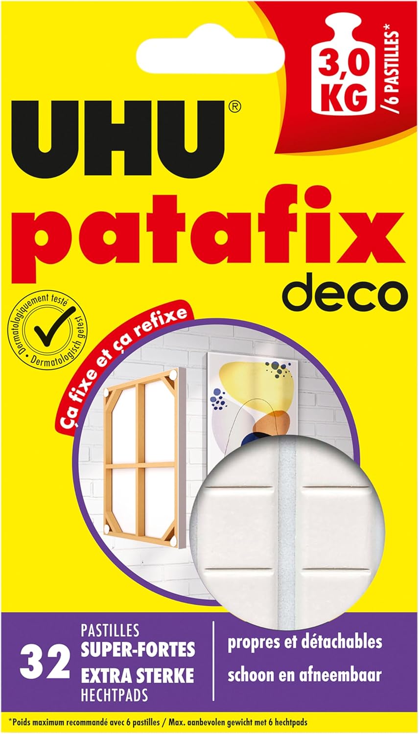 UHU Patafix Déco - pastilles adhésives prédécoupées, pâte à fixer, super-fortes (Jusqu'à 2 kg), repositionnables, blanche, 32 pastilles