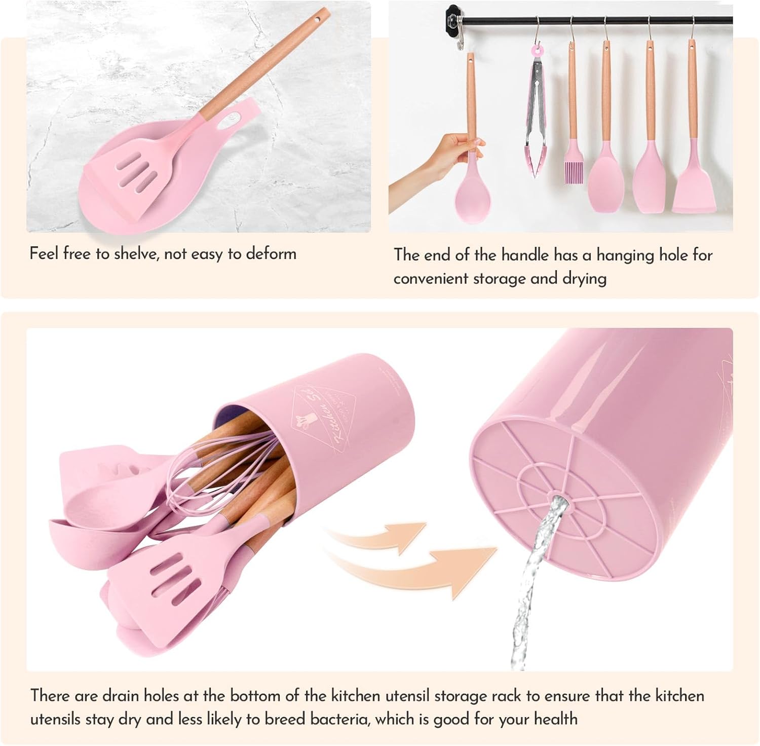 Howephofly Ustensiles de Cuisine Silicone et Bois, 23 Pièces Outil de Cuisine Antiadhésif Anti-Rayures, Ustensiles Cuisine Antiadhésive Set, sans BPA, avec Pot de Rangement (Rose)