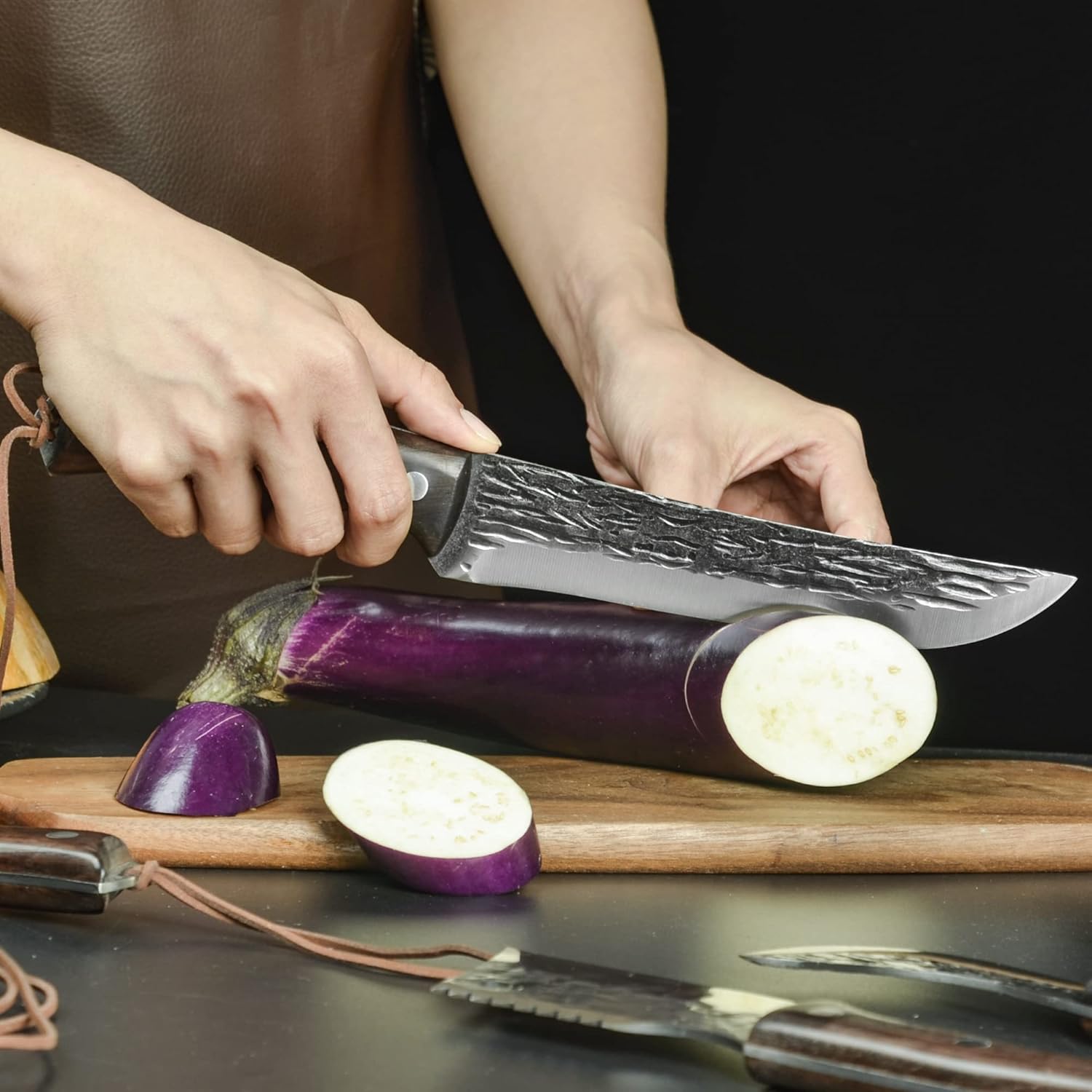FULLHI Lot de 17 couteaux Metzger Chef comprenant fourreau en acier au carbone et couteau de cuisine complet Tang légume Cleaver Home BBQ Camping avec sac à couteaux