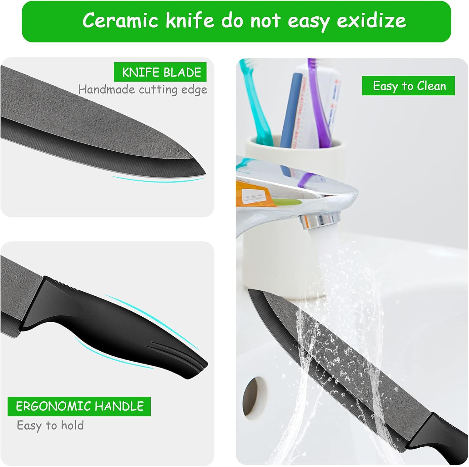 LinStyle Couteau Ceramique, 18 cm Lame Céramique Couteau Cuisine, Couteau de Chef avec Manche Ergonomique, Couteaux et Ustensiles de Cuisine pour Couper Fruits Légumes Viande, Noir