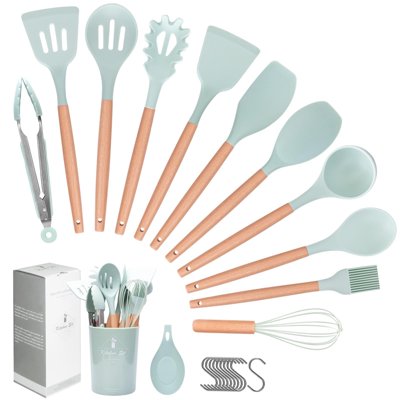 Howephofly Ustensiles de Cuisine Silicone et Bois, 23 Pièces Outil de Cuisine Antiadhésif Anti-Rayures, Ustensiles Cuisine Antiadhésive Set, sans BPA, avec Pot de Rangement (Rose)