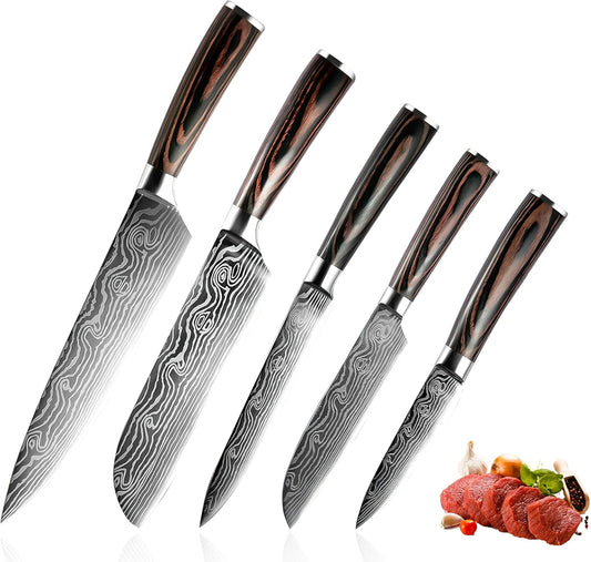 ZENG Couteau de Chef Couteau à Fileter Couteau Universel Couteau de Cuisine Tranchant en Acier Inoxydable Allemand Poignées Ergonomiques en Pakkawood pour la Maison et le Restaurant (5pcs)